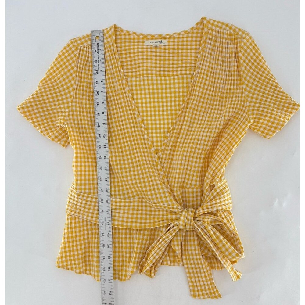 Max Studio Yellow Check Wrap Blouse Sz L Boho Cottage Prairie Preppy Western - Picture 8 of 9